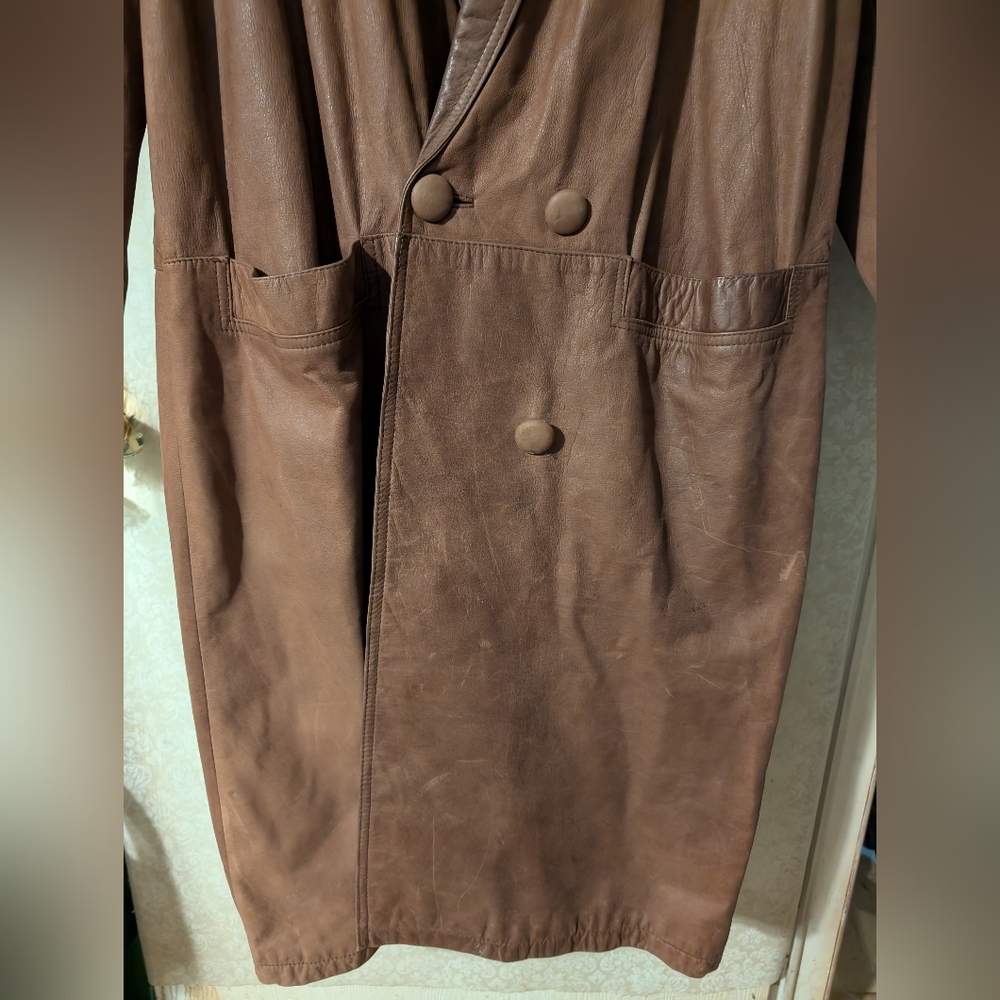 G111 Vintage Brown Leather Trench Coat 80s - Picture 5 of 16